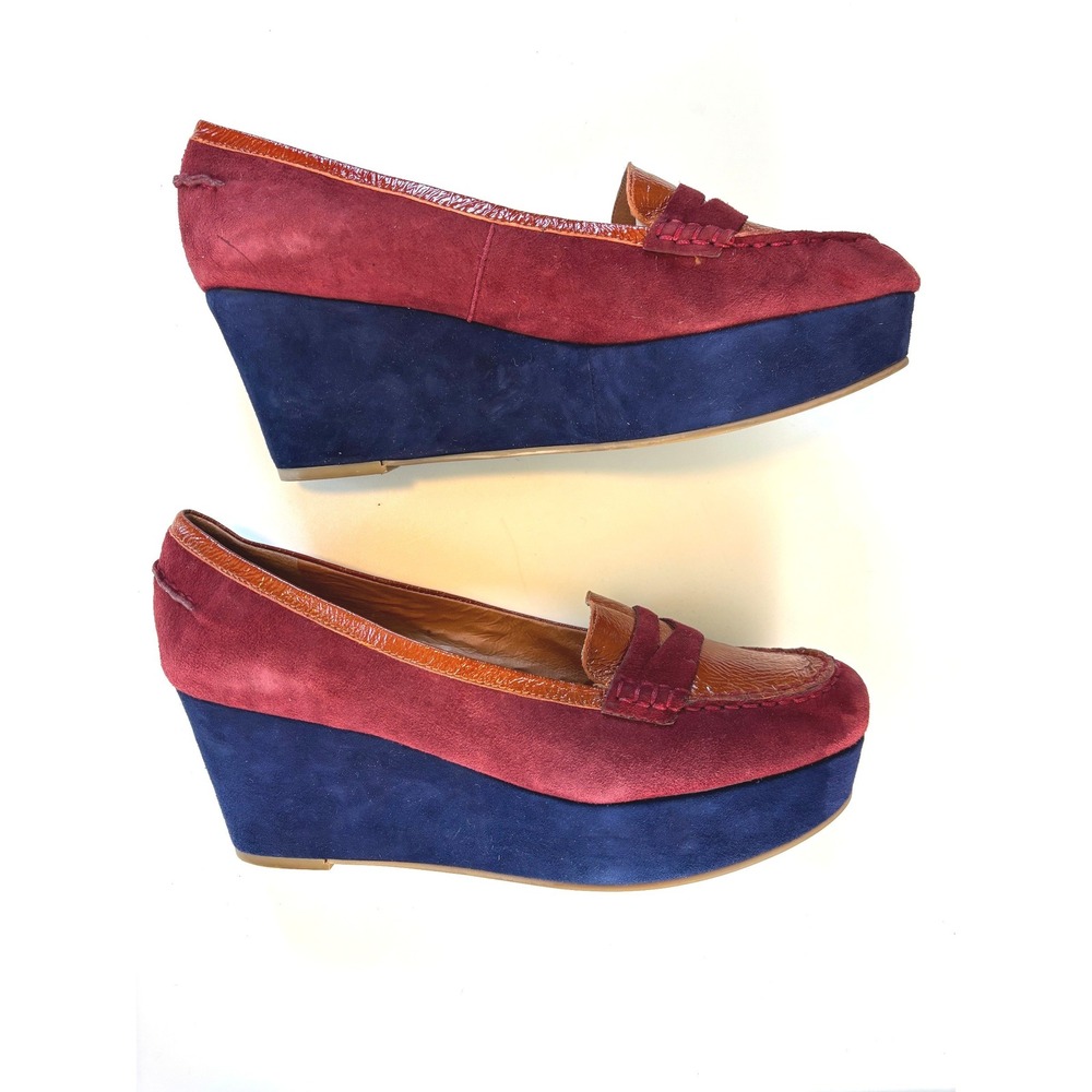 Pilcro and the Letterpress Wedge Loafers Burgundy Orange Navy 9.5 Suede Platform - Picture 8 of 10